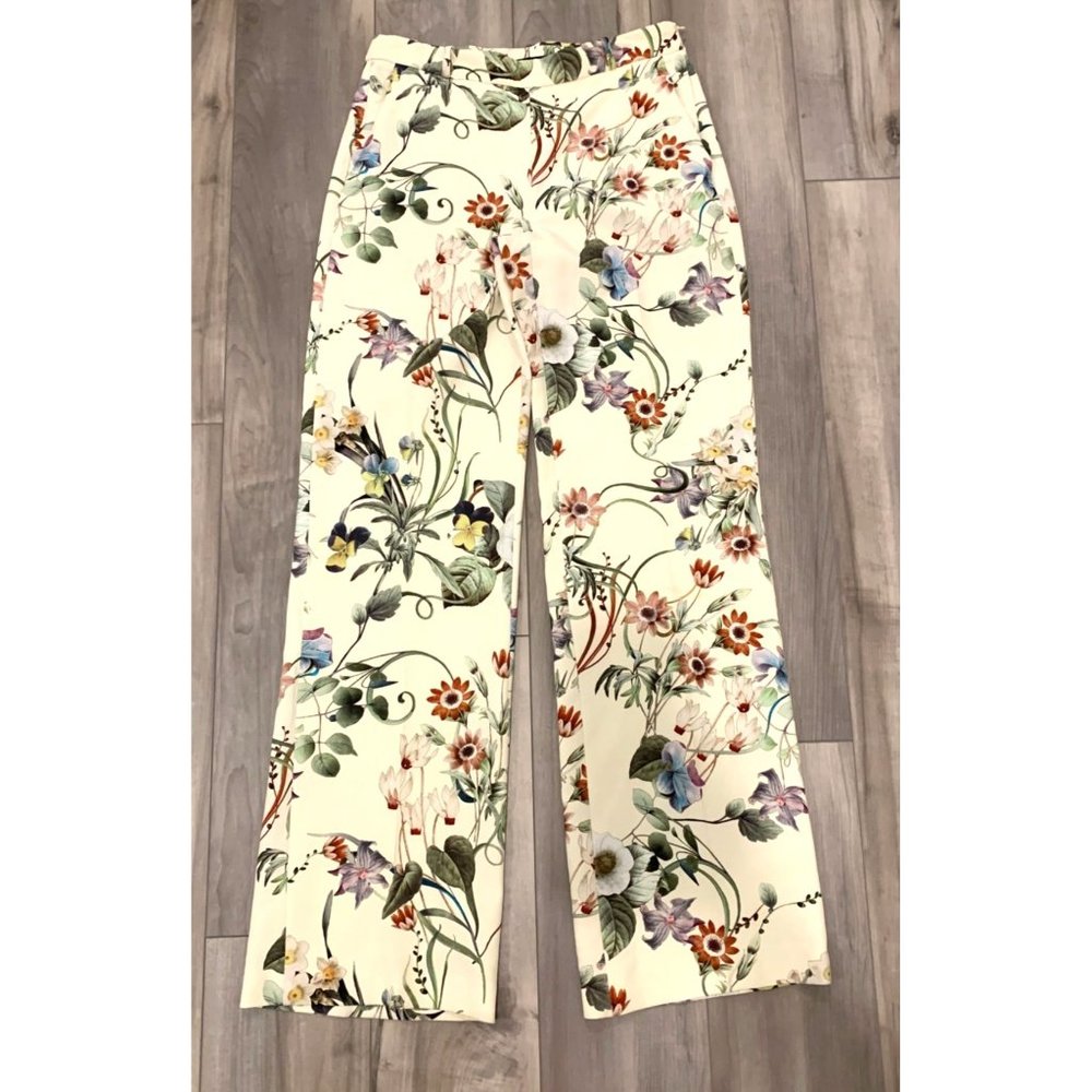 Zara Women Cream Floral Wide Leg Trouser Pant Size L - Picture 2 of 11